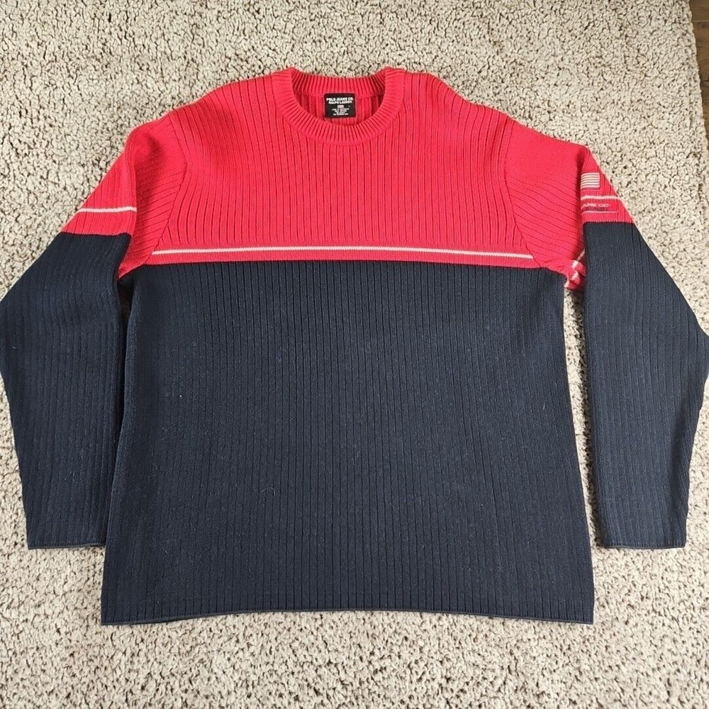 Vintage Polo Jeans Co Ralph Lauren Sweater Men Size L Red White Blue Y2K